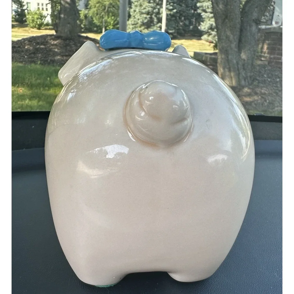 Vintage Lefton Piggy Bank Blue Polka Bow Anthropomorphic Ceramic w/Labels &plug